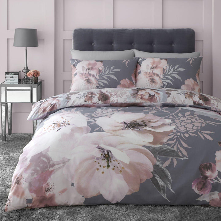 Dramatic Floral Peony Print Pink & Grey Duvet Cover Set - Single - Ideal Textiles