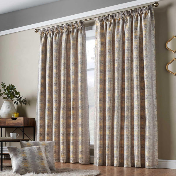 Reflections Jacquard Lined Tape Top Curtains Ochre - 46'' x 54'' - Ideal Textiles