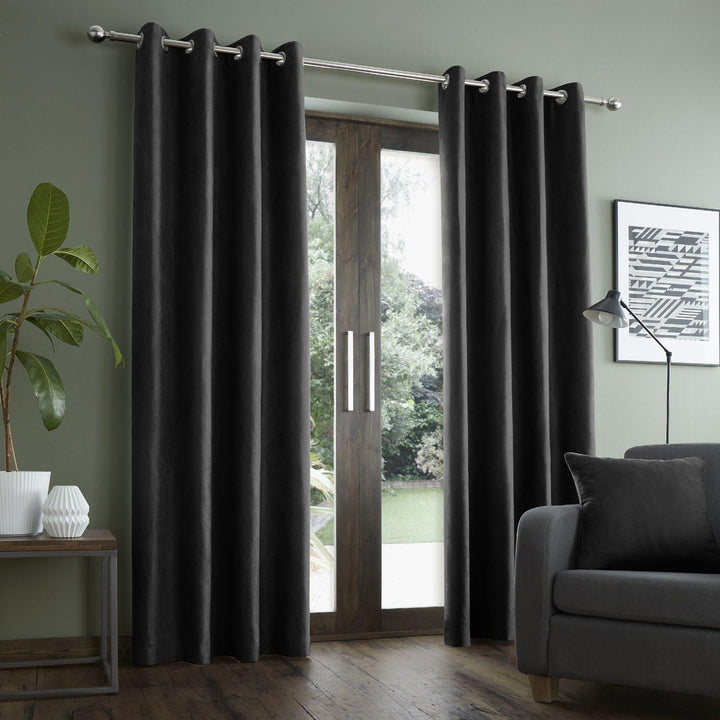 Faux Suede Lined Eyelet Curtains Black - Ideal