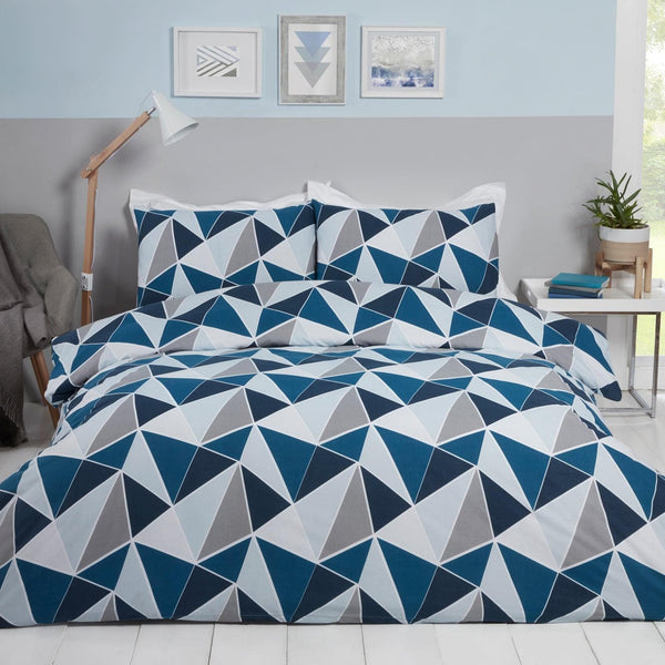 Leo Geometric Triangles Print Navy Duvet Cover Set - Single - Ideal Textiles
