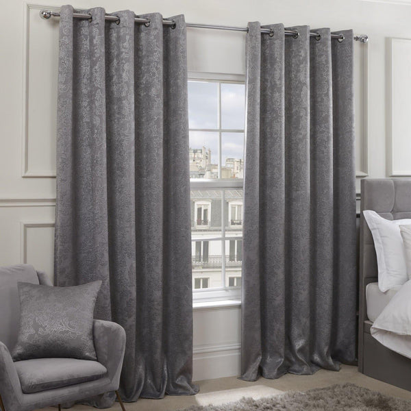 Regency Damask Thermal Blackout Eyelet Curtains Silver - 46'' x 54'' - Ideal Textiles