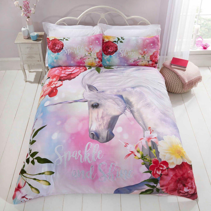 Sparkle & Shine Floral Unicorn Pink Duvet Cover Set - Single - Ideal Textiles