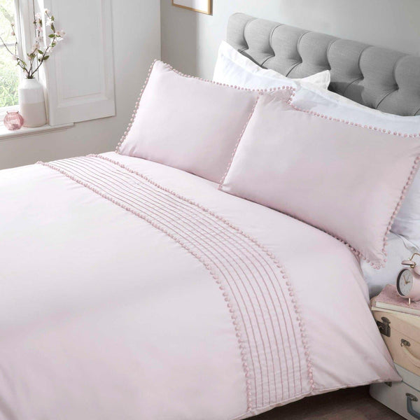 Pom Pom Pleated Trim Blush Pink Duvet Cover Set - Single - Ideal Textiles