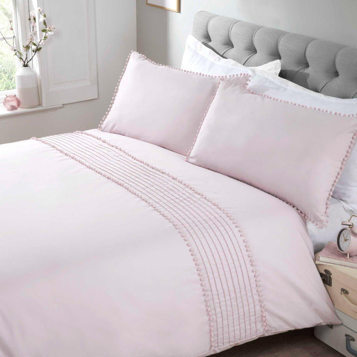 Rapport Pom Pom Pleated Trim Blush Pink Duvet Cover Quilt Bedding Set