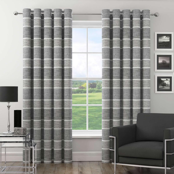 Harlem Stripe Lined Eyelet Voile Curtains Silver - 46'' x 54'' - Ideal Textiles