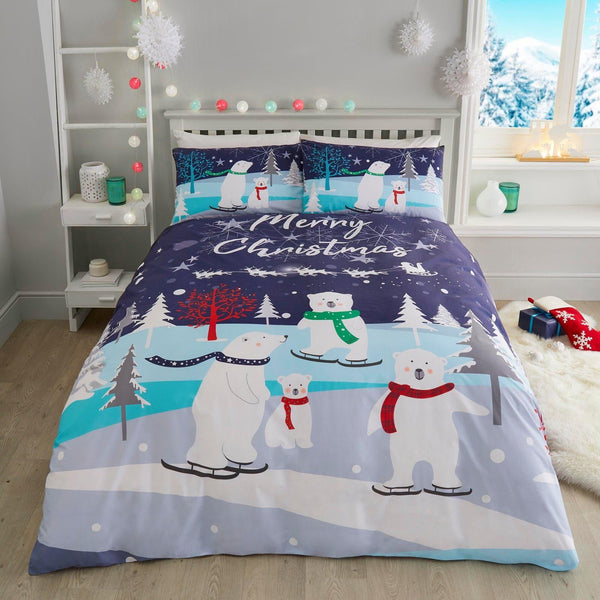 Christmas Bears Reversible Blue Duvet Cover Set - Ideal