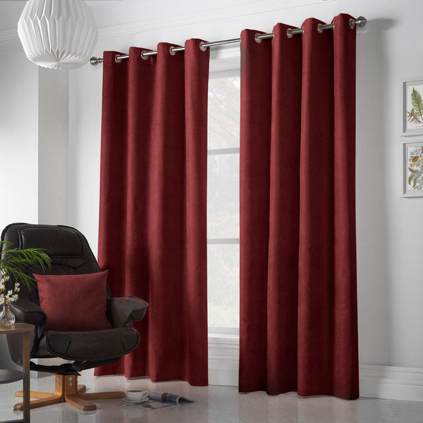 Velvet Chenille Lined Eyelet Curtains Red - 56'' x 54'' - Ideal Textiles