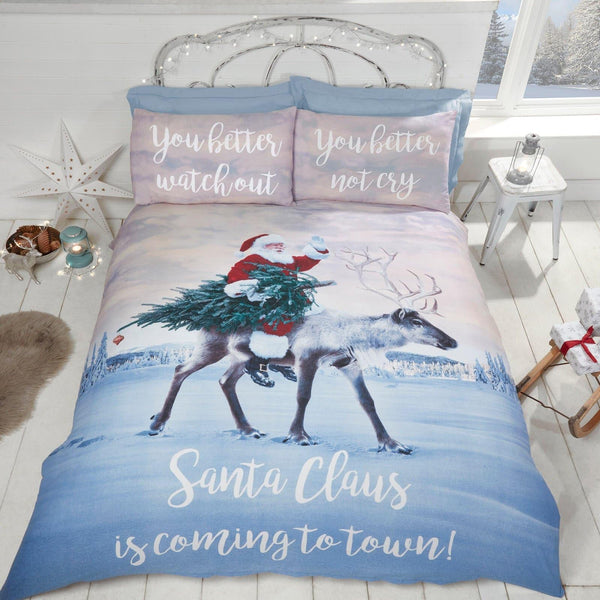 Santa's Coming to Town Blue Christmas Duvet Cover Set - Double - Ideal Textiles