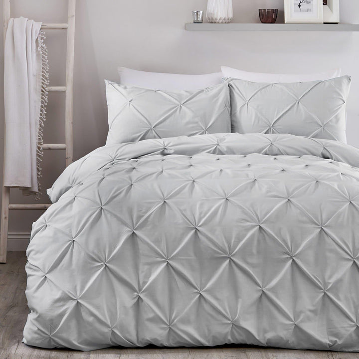 Lara Ruched Pin-Tuck Silver Duvet Cover Set - Single - Ideal Textiles