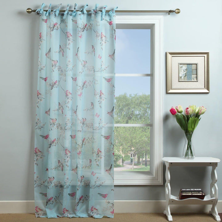 Blossom Birds Tie Top Voile Curtain Panels Duck Egg - 59'' x 48'' - Ideal Textiles