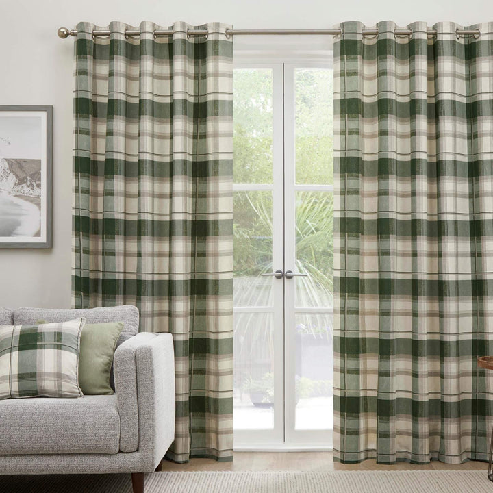 Balmoral Check Lined Eyelet Curtains Bottle Green - Ideal