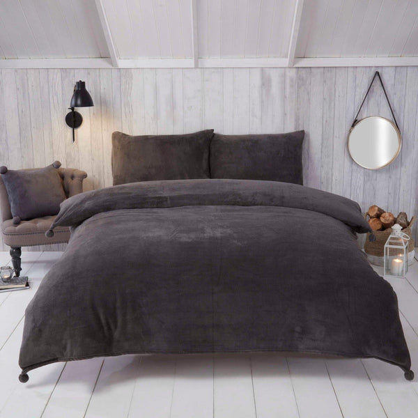 Pom Pom Fleece Charcoal Grey Duvet Cover Set - Single - Ideal Textiles