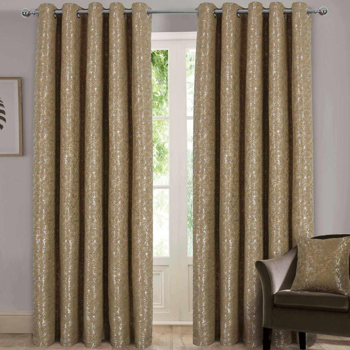 Nova Jacquard Lined Eyelet Curtains Gold - 66'' x 54'' - Ideal Textiles