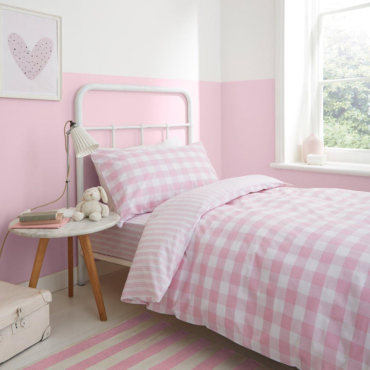 Check and Stripe 100% Cotton Pink Duvet Cover Set - Single - Ideal Textiles