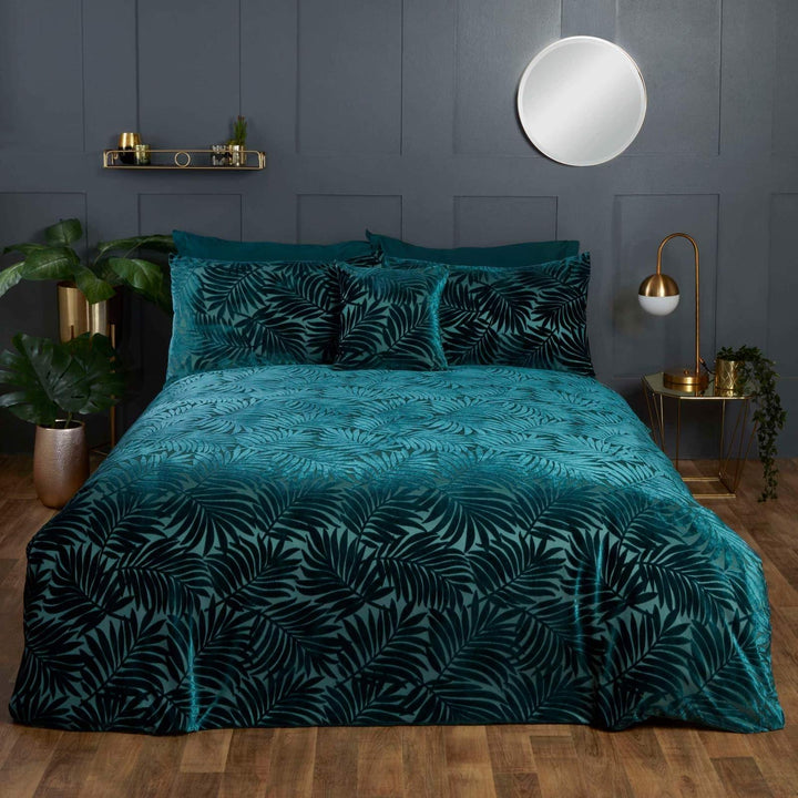 Paloma Palm Leaf Jacquard Velvet Emerald Duvet Cover Set - Single - Ideal Textiles