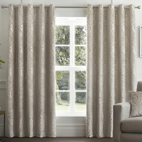 Chateau Damask Lined Eyelet Curtains Natural - 46'' x 54'' - Ideal Textiles