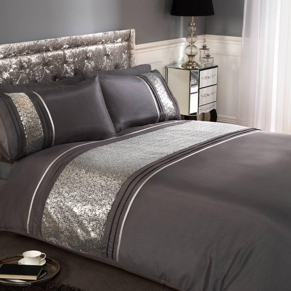 Ritz Sequin Sparkle Embellished Grey Duvet Cover Set - Double - Ideal Textiles