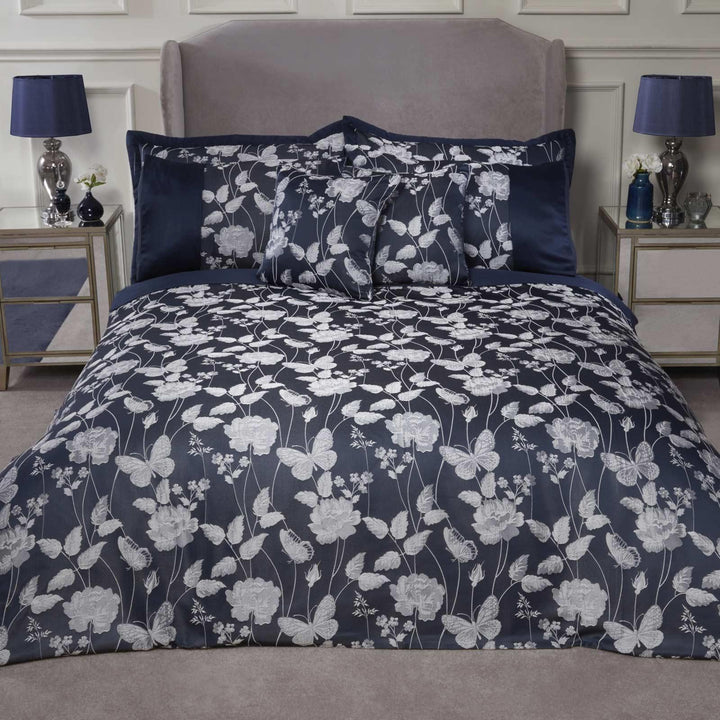 Butterfly Meadow Jacquard Sateen Navy Duvet Cover Set - Single - Ideal Textiles