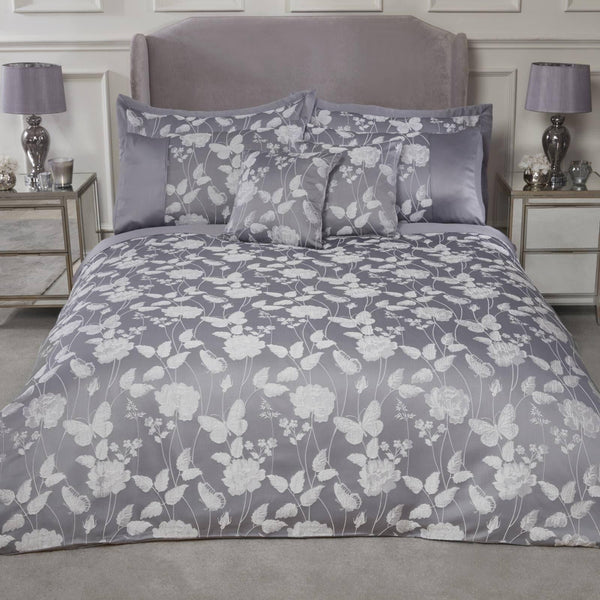 Butterfly Meadow Jacquard Sateen Silver Duvet Cover Set - Single - Ideal Textiles