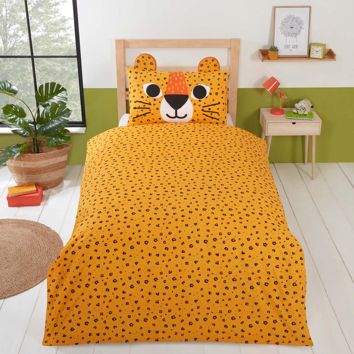 Wild Cats Animal Print Reversible Orange Duvet Cover Set -  - Ideal Textiles