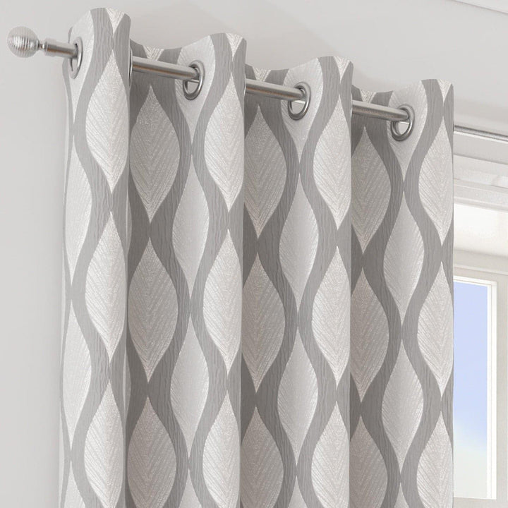 Deco Geometric Wave Lined Eyelet Curtains Silver -  - Ideal Textiles