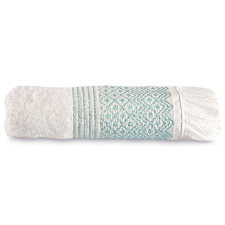 Diamond Jacquard Tassel Cotton Towel White & Peppermint - Hand Towel - Ideal Textiles