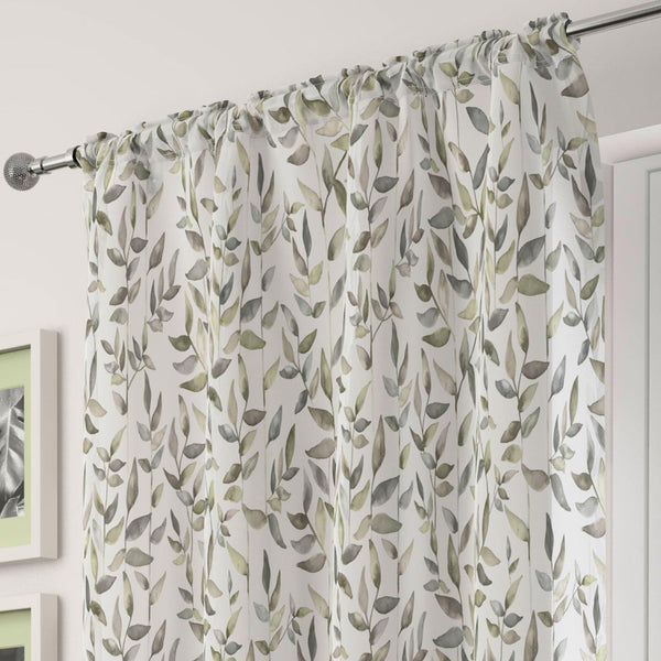 Freya Leaf Voile Curtain Panels Fern Green - 59'' x 48'' - Ideal Textiles