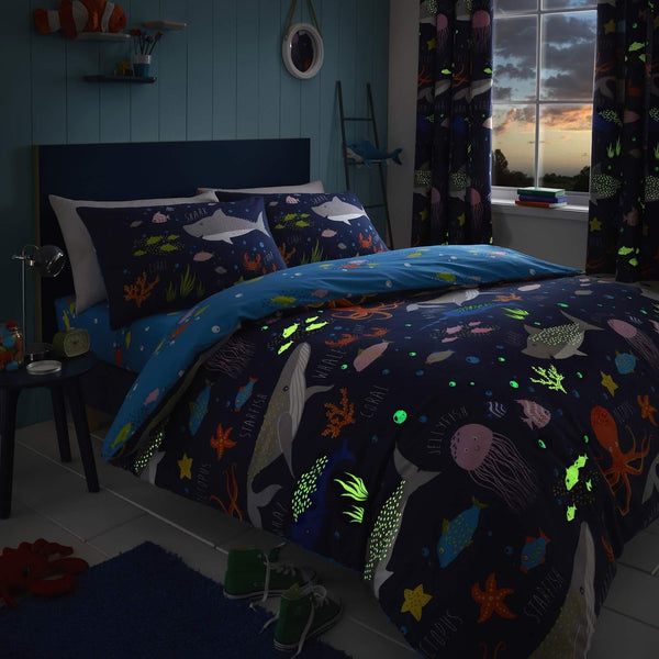Sea Life Glow in the Dark Blue Kids Duvet Cover Set -  - Ideal Textiles