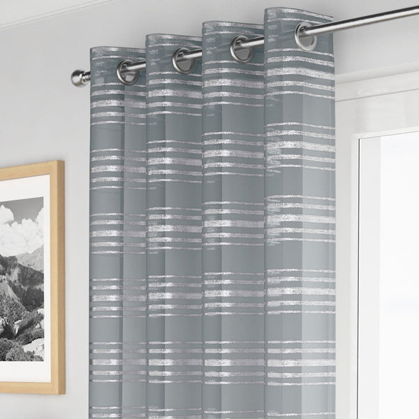 Leon Metallic Stripe Eyelet Voile Curtain Panels Silver - 55'' x 54'' - Ideal Textiles