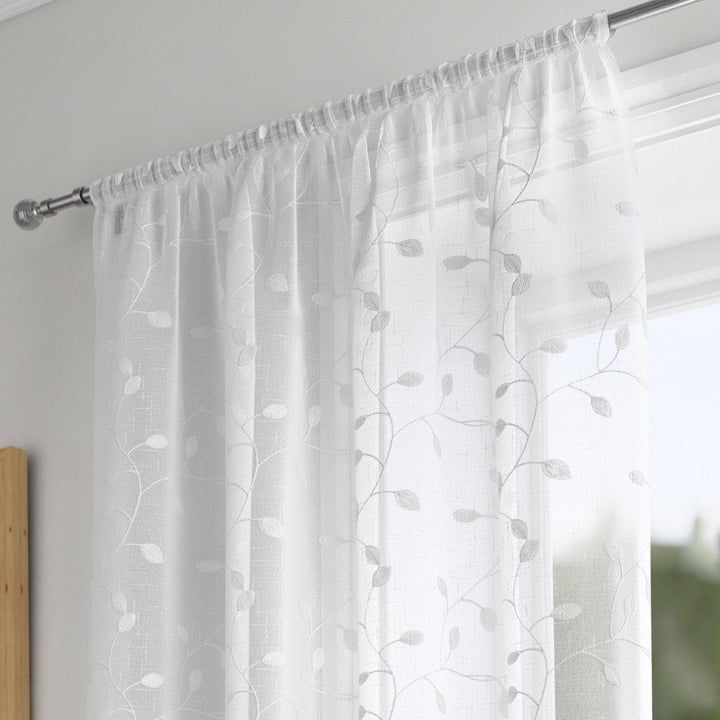 Harrogate Embroidered Leaf Voile Curtain Panels White -  - Ideal Textiles