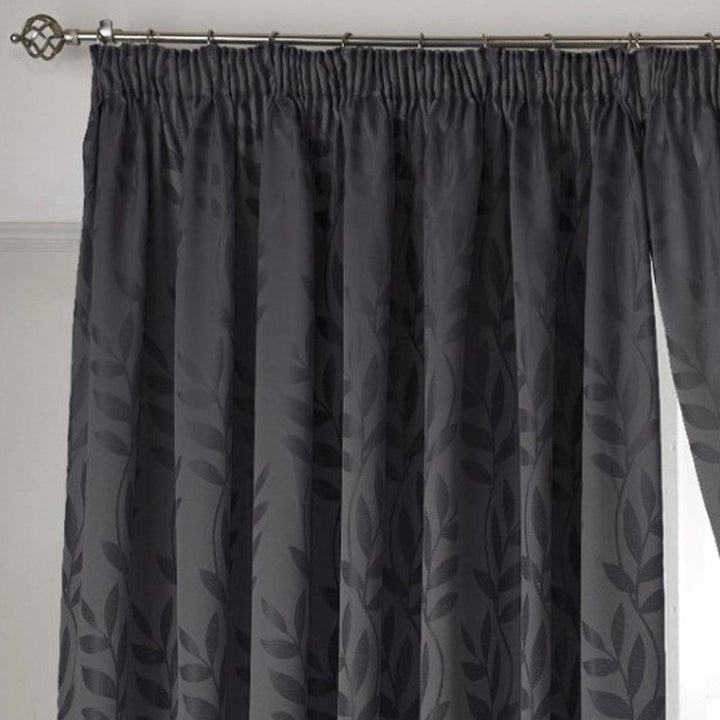 Tivoli Leaf Jacquard Lined Tape Top Curtains Charcoal -  - Ideal Textiles