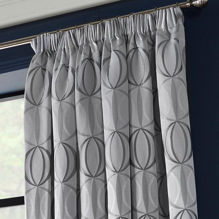 Omega Geometric Jacquard Lined Tape Top Curtains Silver -  - Ideal Textiles