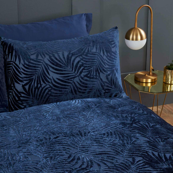 Paloma Palm Leaf Jacquard Velvet Navy Duvet Cover Set -  - Ideal Textiles