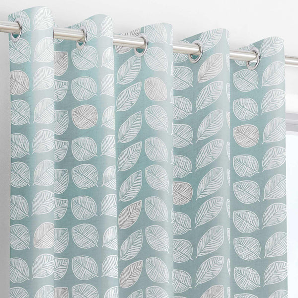 Delft Geometric Leaf Lined Eyelet Curtains Duck Egg -  - Ideal Textiles