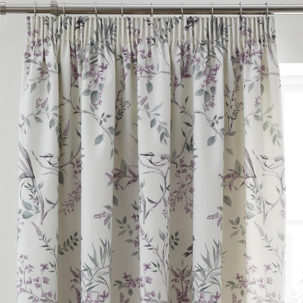 Jazmine Floral Bird Lined Tape Top Curtains Heather -  - Ideal Textiles
