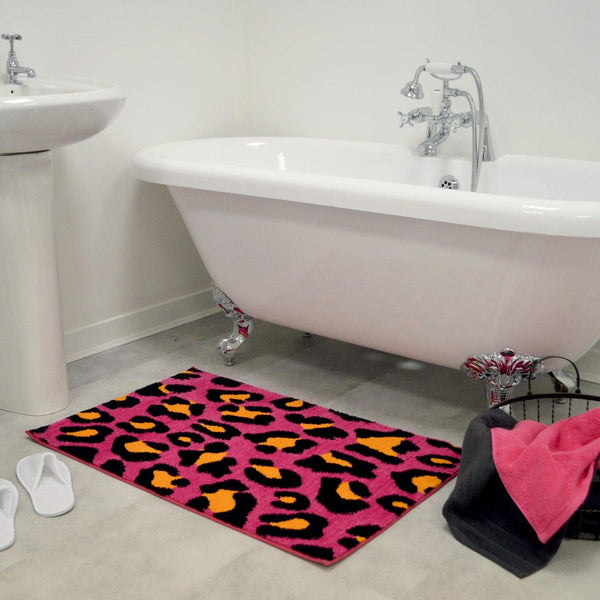 Leopard Print Non-Slip Bath Mat Raspberry -  - Ideal Textiles