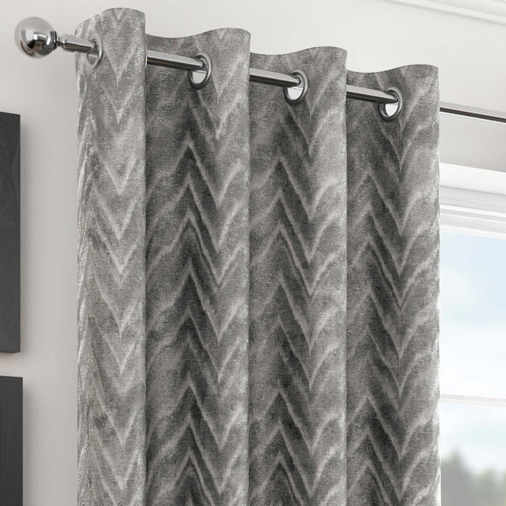 Chevron Chenille Lined Eyelet Curtains Silver -  - Ideal Textiles