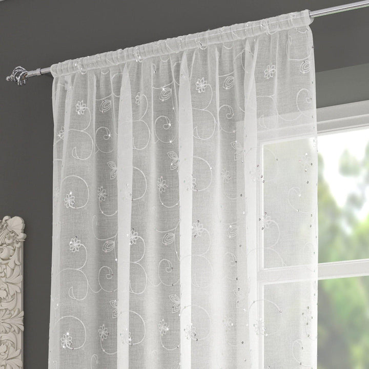 Ariana Embroidered Sequin Voile Curtain Panels White -  - Ideal Textiles