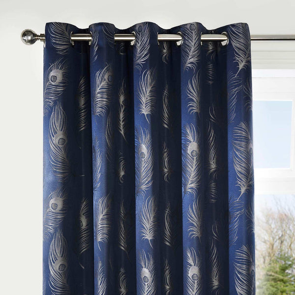 Feather Metallic Jacquard Lined Eyelet Curtains Navy - Ideal