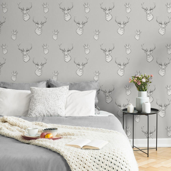 Stag Wallpaper Silver - Ideal