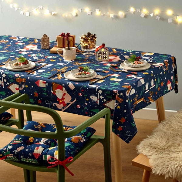 Santa's Christmas Wonderland Wipe Clean Tablecloth Navy - Ideal