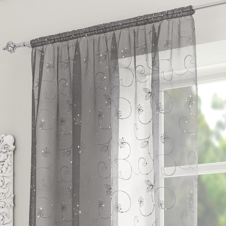 Ariana Embroidered Sequin Voile Curtain Panels Grey -  - Ideal Textiles