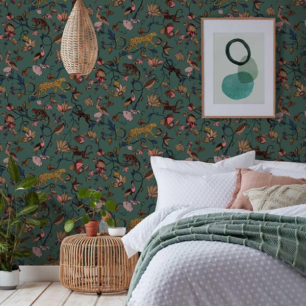 Exotic Wildlings Wallpaper Juniper Green - Ideal