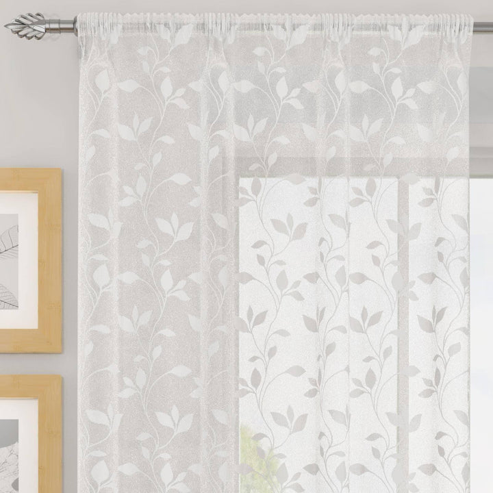 Evie Trailing Leaf Voile Curtain Panels White - 55'' x 48'' - Ideal Textiles