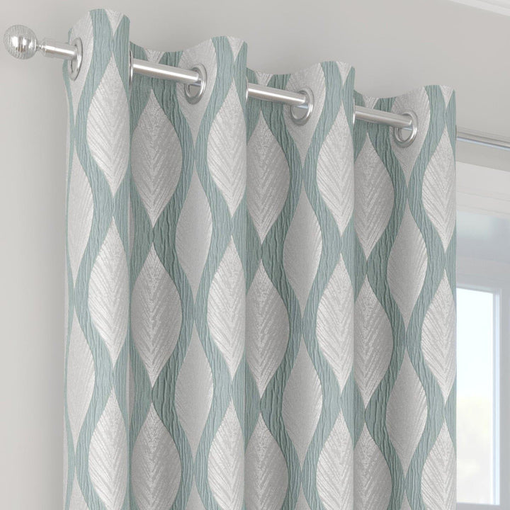 Deco Geometric Wave Lined Eyelet Curtains Duck Egg -  - Ideal Textiles
