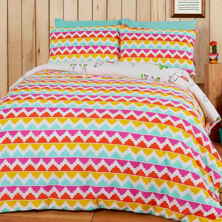 Happy Llamas Reversible Aztec Stripe Duvet Cover Set -  - Ideal Textiles