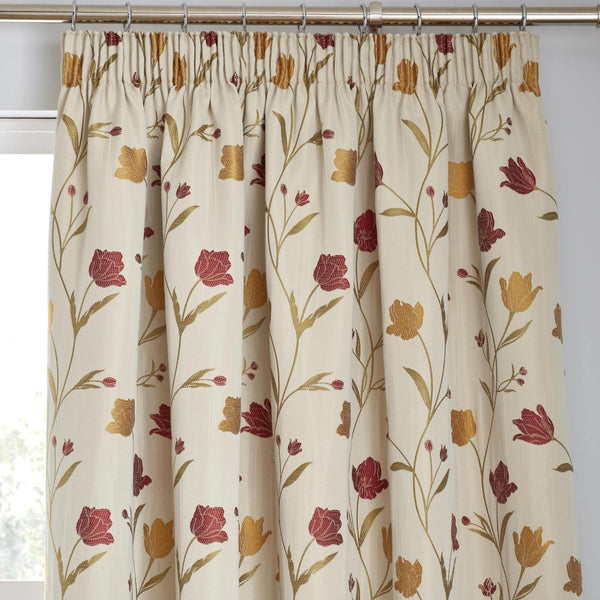 Juliette Floral Lined Tape Top Curtains Natural & Red -  - Ideal Textiles