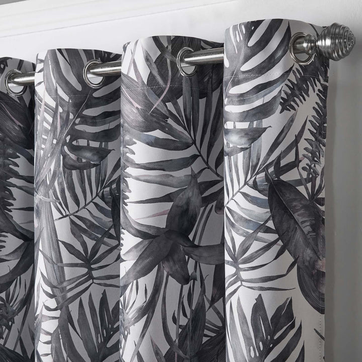 Malay Palms Thermal Blockout Eyelet Curtains Charcoal -  - Ideal Textiles
