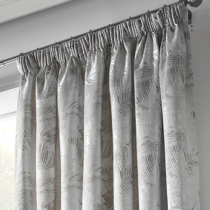 Fiji Jacquard Palm Lined Tape Top Curtains Silver -  - Ideal Textiles