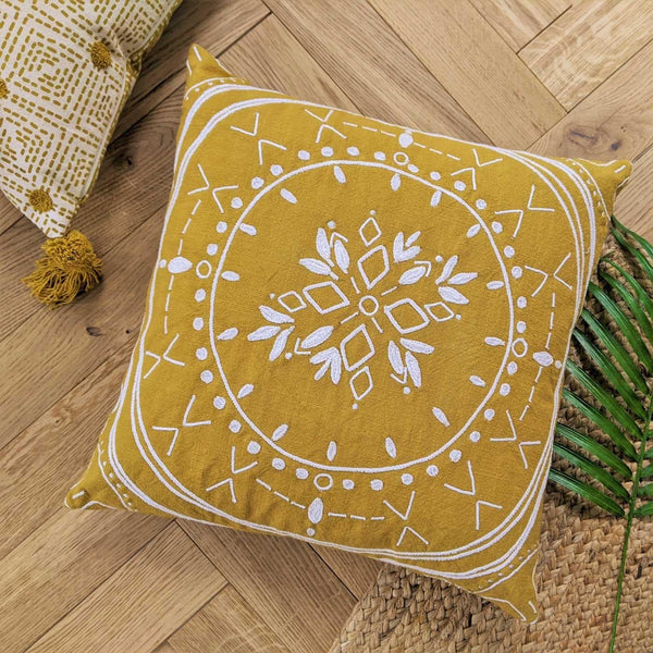 Mandala Embroidered Linen Effect Ochre Cushion Covers 18'' x 18'' -  - Ideal Textiles